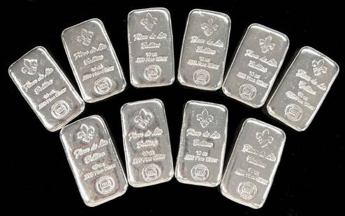 (10) 10 ozt .999 Fine Silver Fleur De Lis Bullion Bars: This item comes from our consignors vault in St. Louis. Please allow 2-4 weeks for delivery. Winner shall receive TEN (10) 10 ozt .999 silver bars, precisely resembling the bars shown here.