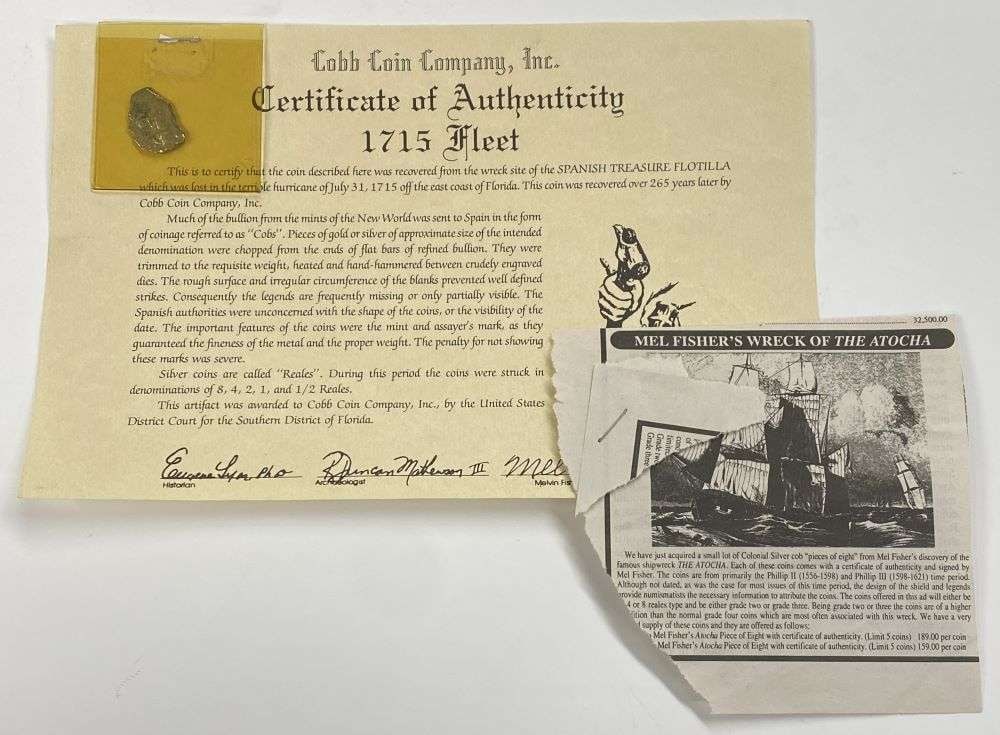 Mel Fisher 1715 Spanish Treasure Flotilla Shipwreck Artifact W/ COA: Winner shall receive the exact items shown here. (RR/B)
