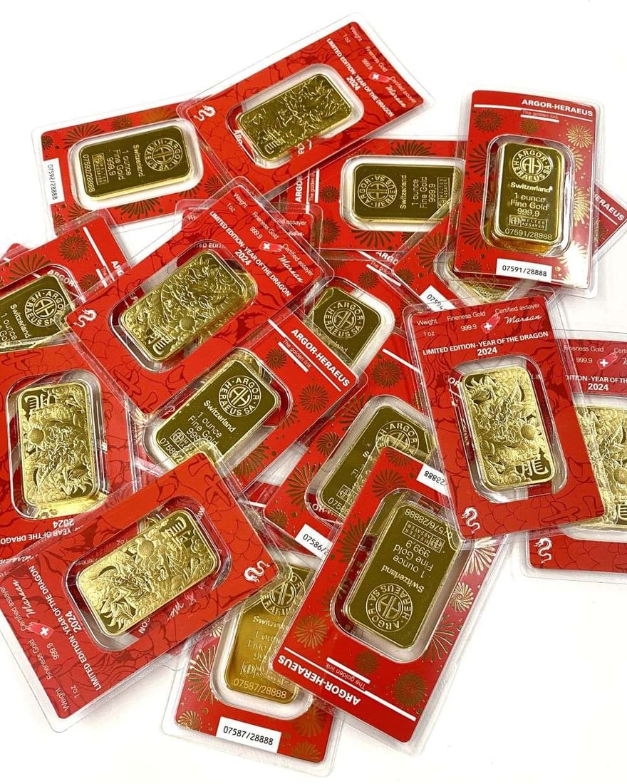 (5) Carded 2024 Year Of The Dragon 1 ozt .9999 Gold Bar (1 of 7)