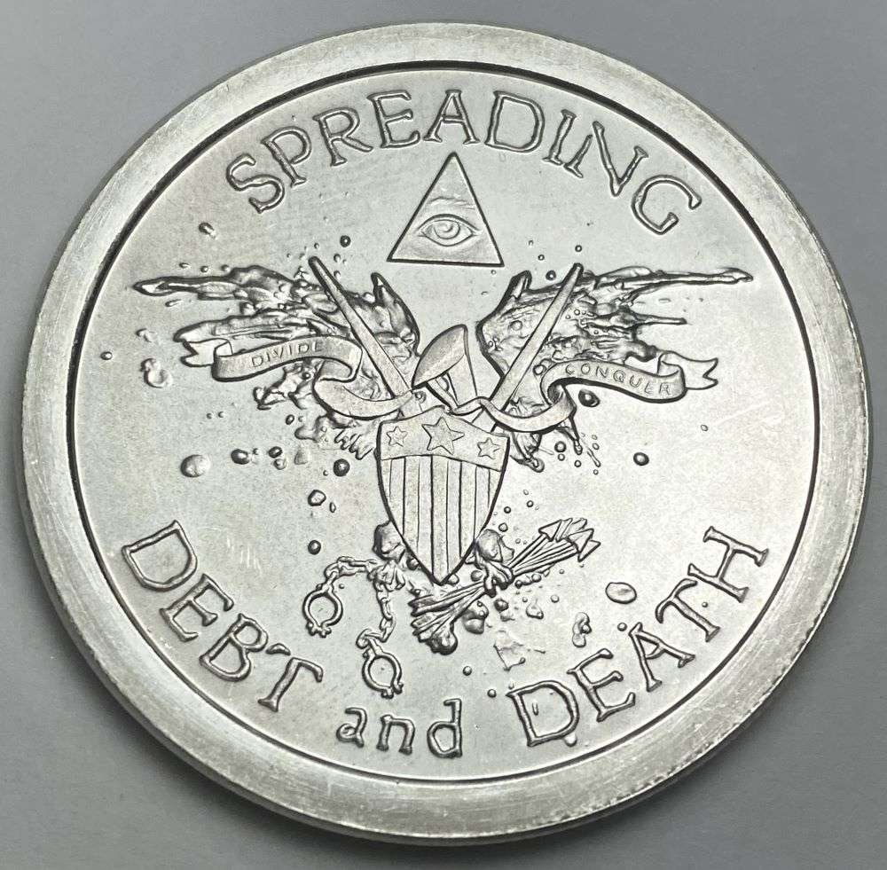 2013 Spreading Debt And Death Silver Bullet / Silver Shield 1 ozt .999 Silver: Winner shall receive the exact coin shown here. (RR)