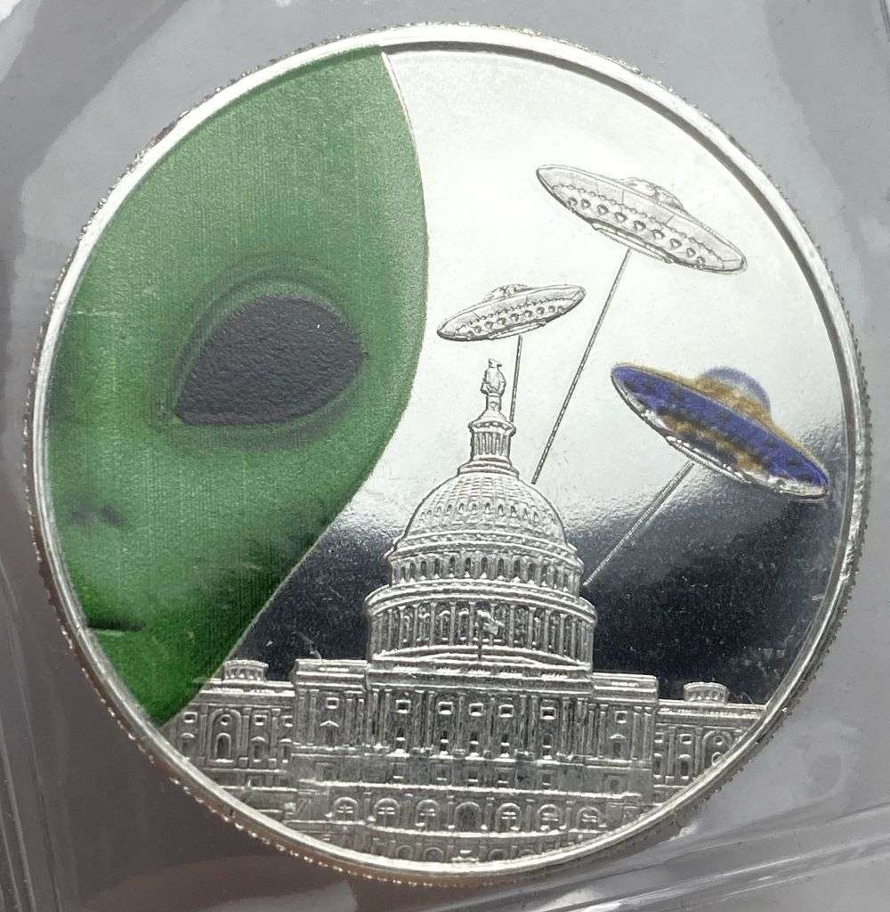 Aliens Have Landed 1 ozt .999 Silver: Winner shall receive (1) coin precisely resembling the one shown here. (RR/UP)