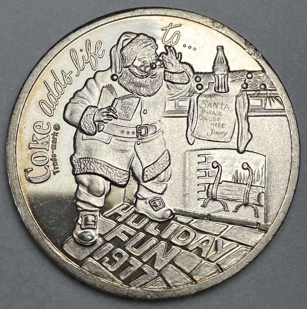 1977 World Wide Mint Coke Adds Life To... "Enjoy Coca-Cola" .999 Silver: Winner shall receive the exact coin shown here. (RR)