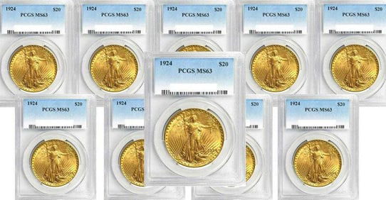 Ten (10) $20 Saint Gaudens Gold PCGS MS63