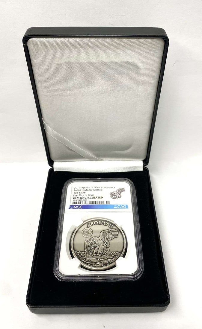 2019 Apollo 11 Robbins Medal Restrike 50th Anniversary 1 ozt Silver NGC Gem Unc. First Day Of Issue: Winner shall receive the exact coin shown here. (CD/B)