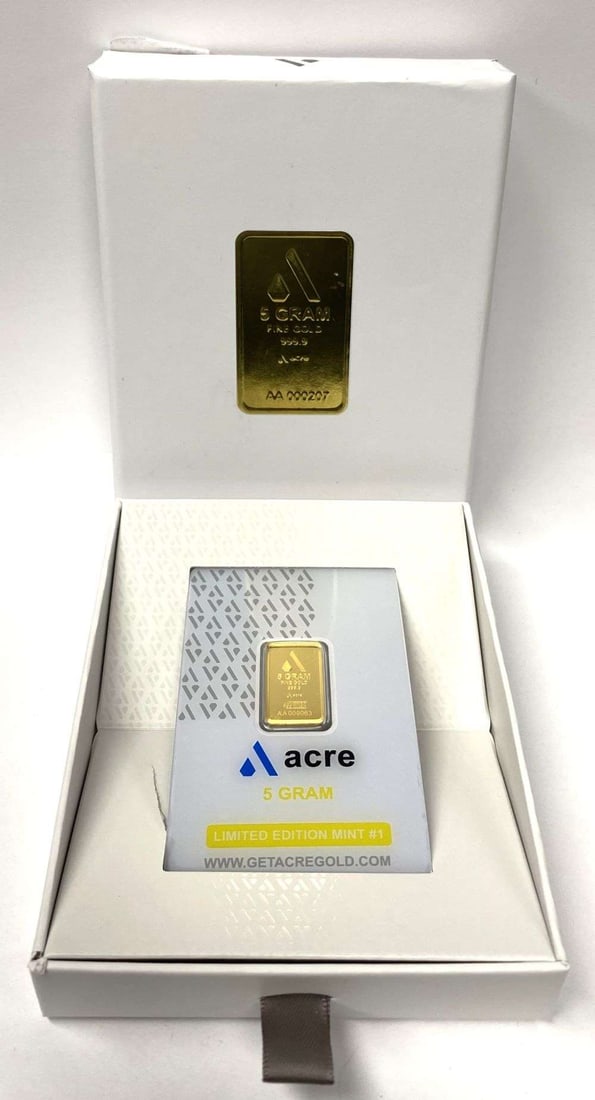 Acre 5 Gram .9999 Gold Bar: Winner shall receive the exact bar shown here. (CD/TVC=ELB)