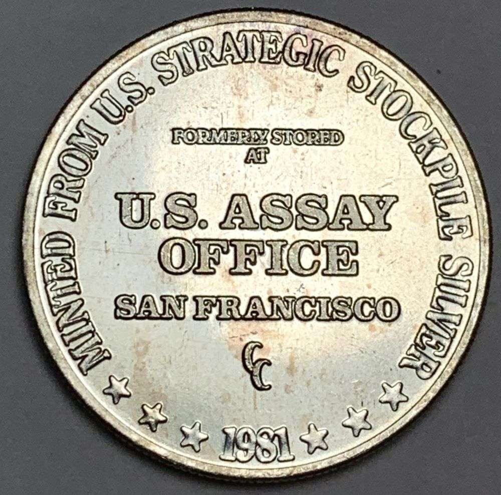1981-CC U.S. Assay Office 1 ozt .999 Silver Trade Unit: Winner shall receive (1) coin precisely resembling the one shown here. (EP/B)