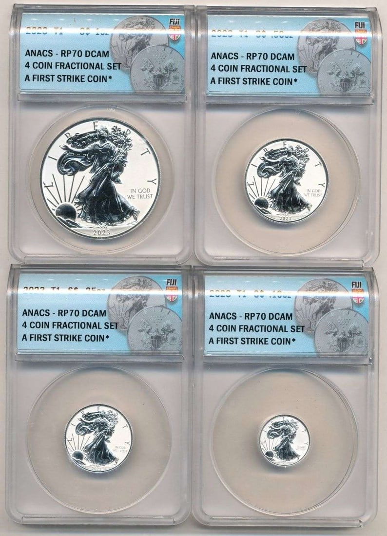 (4) 2023 American Silver Eagle Fiji Fractional Set ANACS RP70 DCAM (1 of 10)