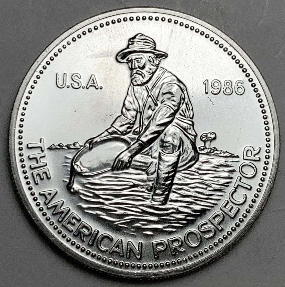 Rare 1986 Engelhard The American Prospector 1 ozt .999 Silver: Winner shall receive the exact coin shown here. (EP/B)