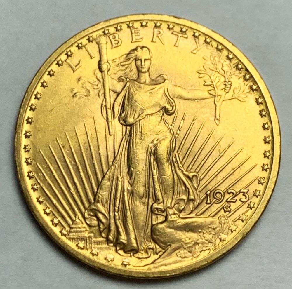 1923 Gold $20 Saint Gaudens MS64: This recent consignment has been stowed away, locked up, and off the market for over a decade. Winner shall receive the exact coin shown here. (EP)