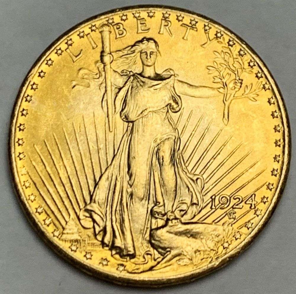 1924 Gold $20 Saint Gaudens MS64: This recent consignment has been stowed away, locked up, and off the market for over a decade. Winner shall receive the exact coin shown here. (EP)
