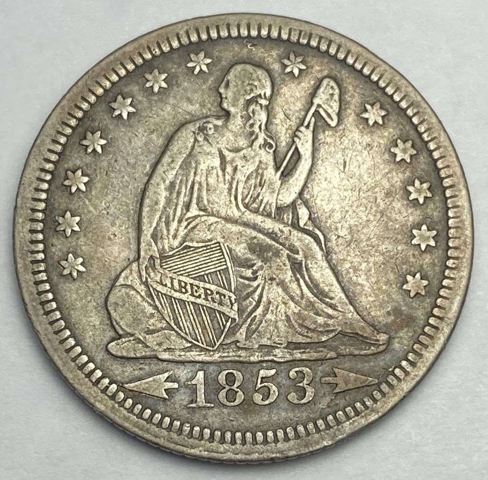 1853 Arrows & Rays Seated Liberty Quarter XF (1 of 2)