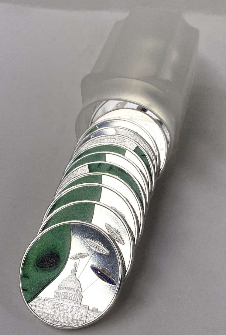 Roll (20-coins) Aliens Have Landed 1 ozt .999 Silver: This item comes from our consignors vault in St. Louis. Please allow 2-4 weeks for delivery. Winner shall receive one roll (20-coins) precisely resembling the ones shown here. (RR/PFB)