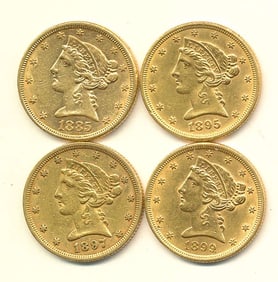 (4) $5.00 Liberty Gold Almost Mint