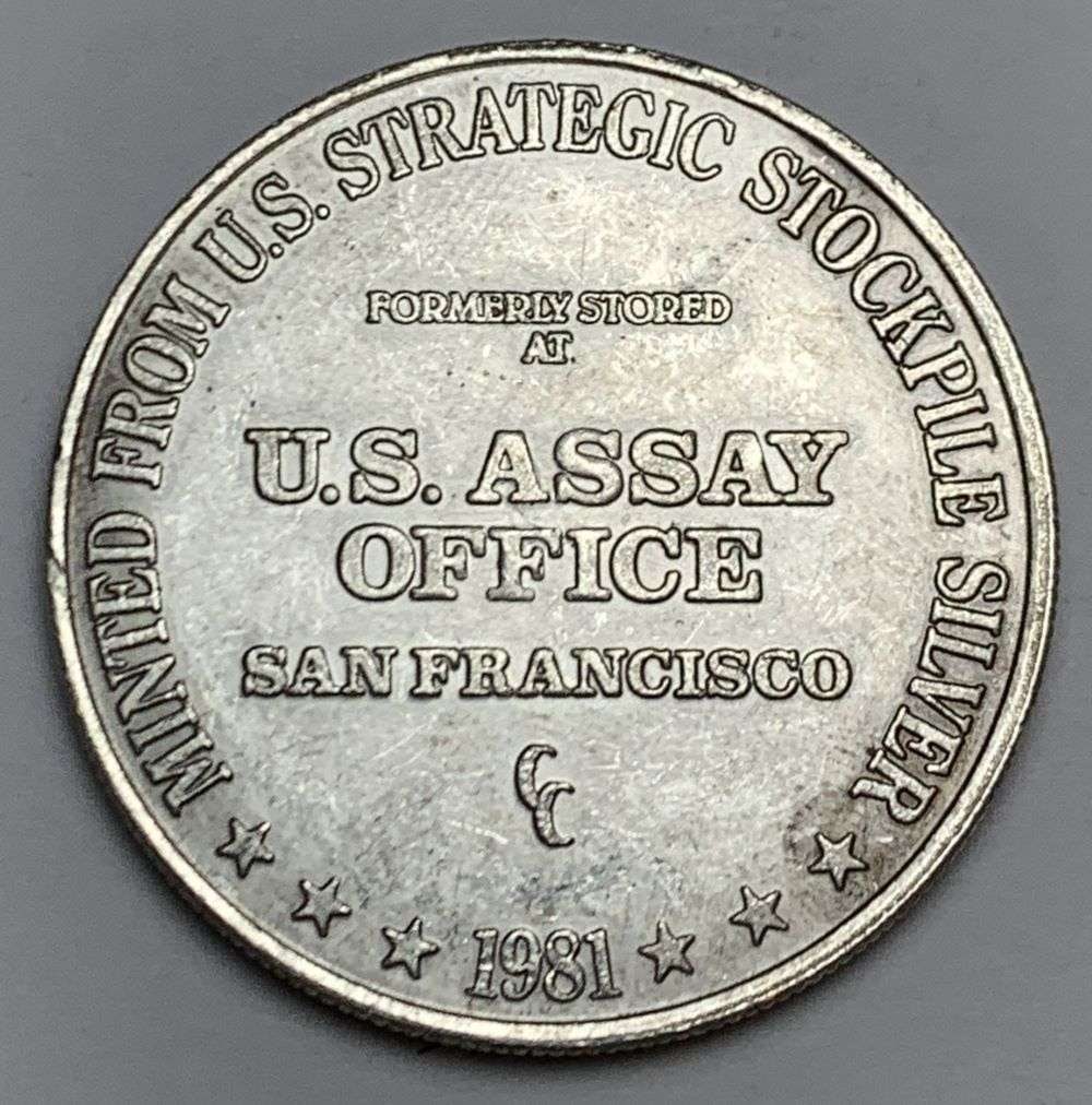 1981-CC U.S. Assay Office San Francisco 1 ozt .999 Silver Trade Unit: Winner shall receive the exact coin shown here. (EP/B)