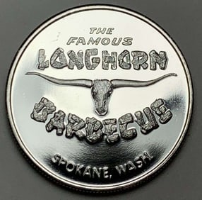The Famous Longhorn Barbecue Spokane, WA Proof 1 ozt .999 Silver Trade Unit