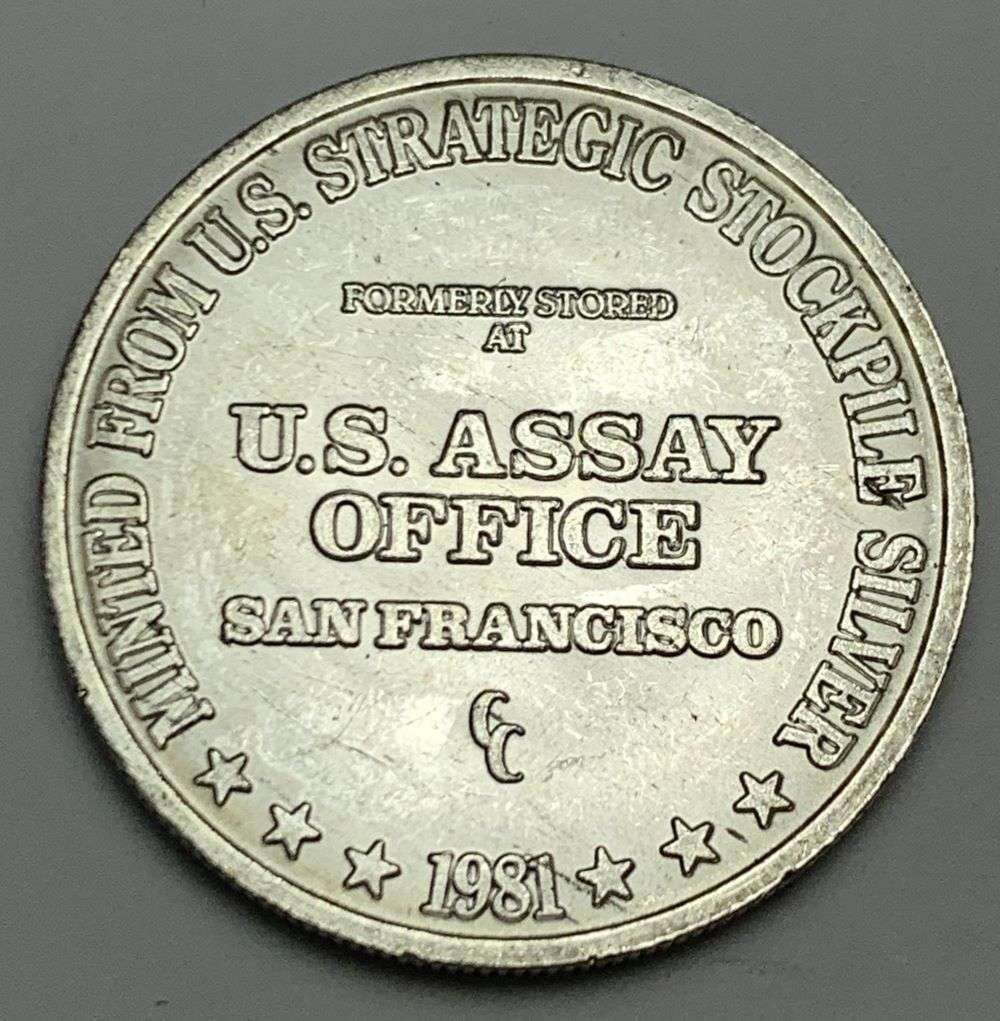 1981-CC U.S. Assay Office San Franccisco 1 ozt .999 Silver Trade Unit: Winner shall receive the exact coin shown here. (EP/B)