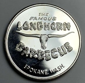 The Famous Longhorn Barbecue Spokane, WA Proof 1 ozt .999 Silver Trade Unit