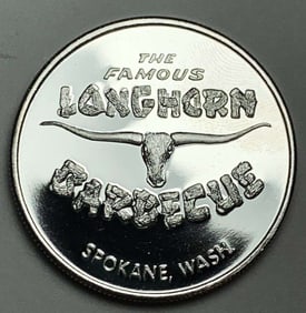 The Famous Longhorn Barbecue Spokane, WA Proof 1 ozt .999 Silver Trade Unit