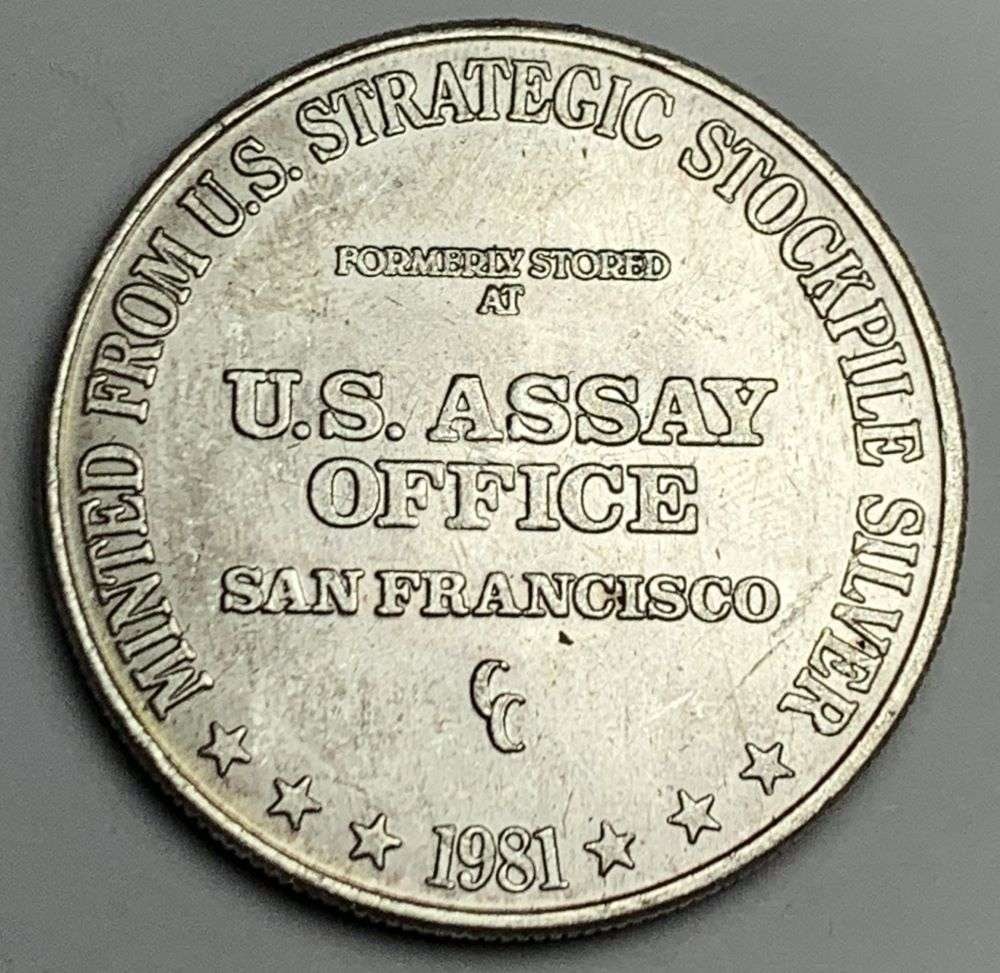 1981-CC U.S. Assay Office San Francisco1 ozt .999 Silver Trade Unit: Winner shall receive the exact coin shown here. (EP/B)
