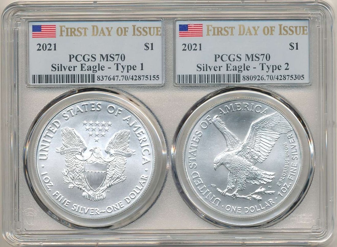 2021 American Silver Eagle PCGS MS70 Type 1 & Type 2 First Strike Set (2-coins) (1 of 6)