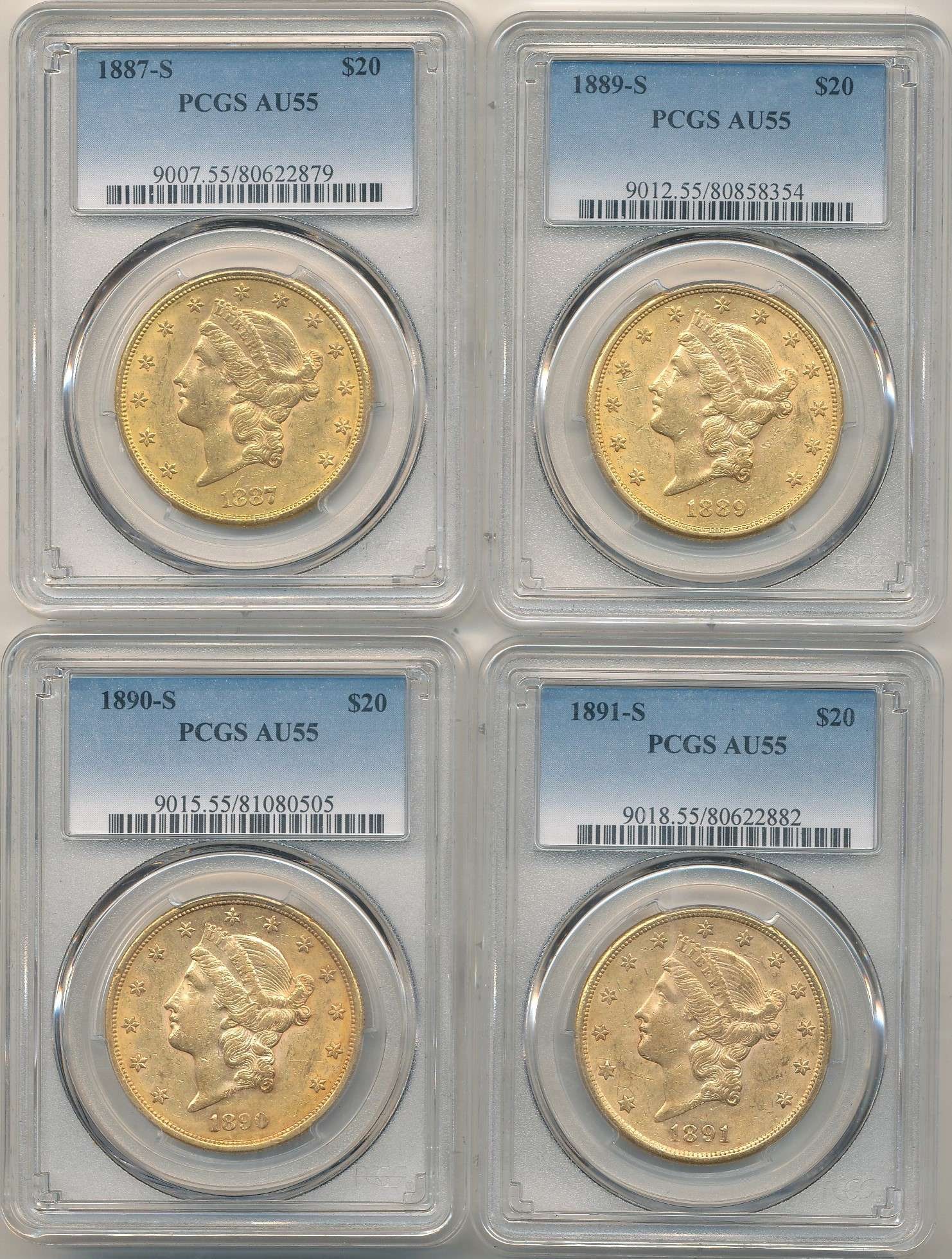 Last Minute! (4) 1887-S-1891-S Gold $20 Liberty Head PCGS AU55 (1 of 6)