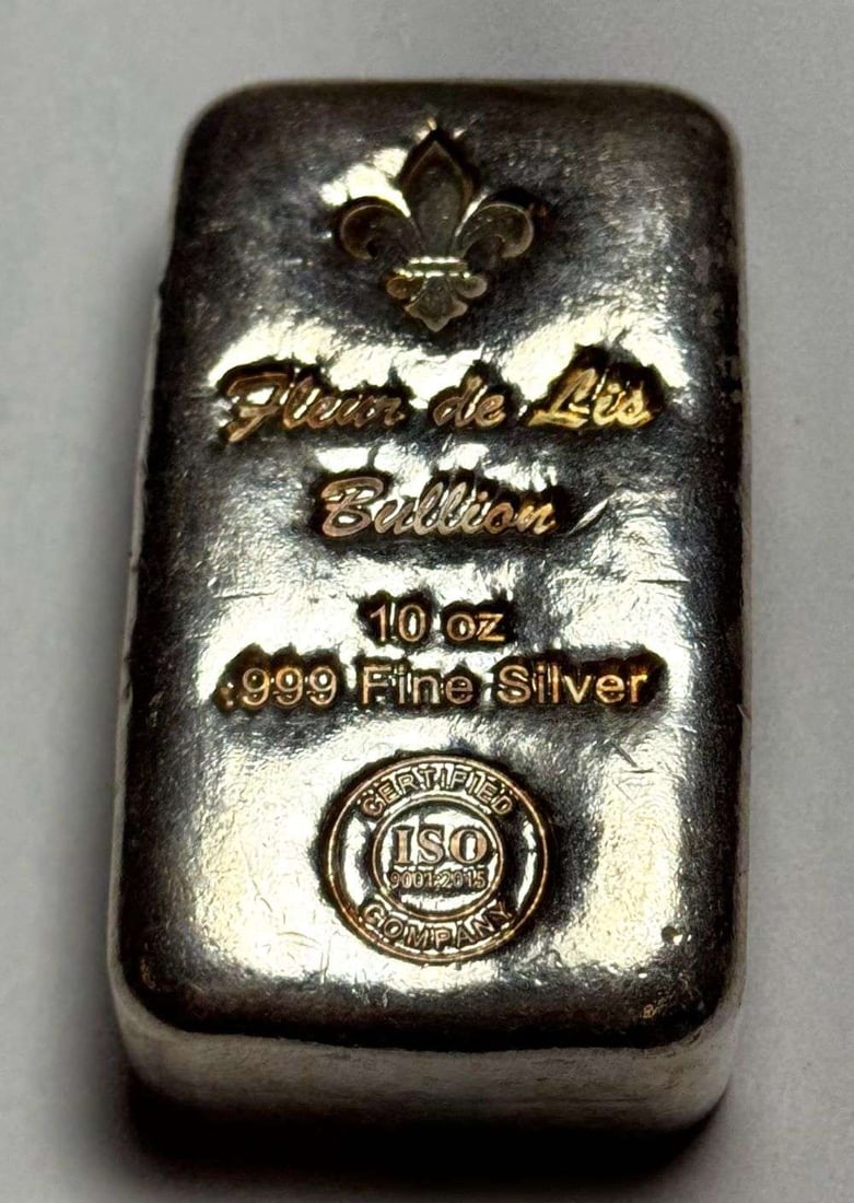 Fleur De Lis Bullion 10 ozt .999 Silver Bar: Winner shall receive the exact bar shown here. (JL/TVC=UIB)