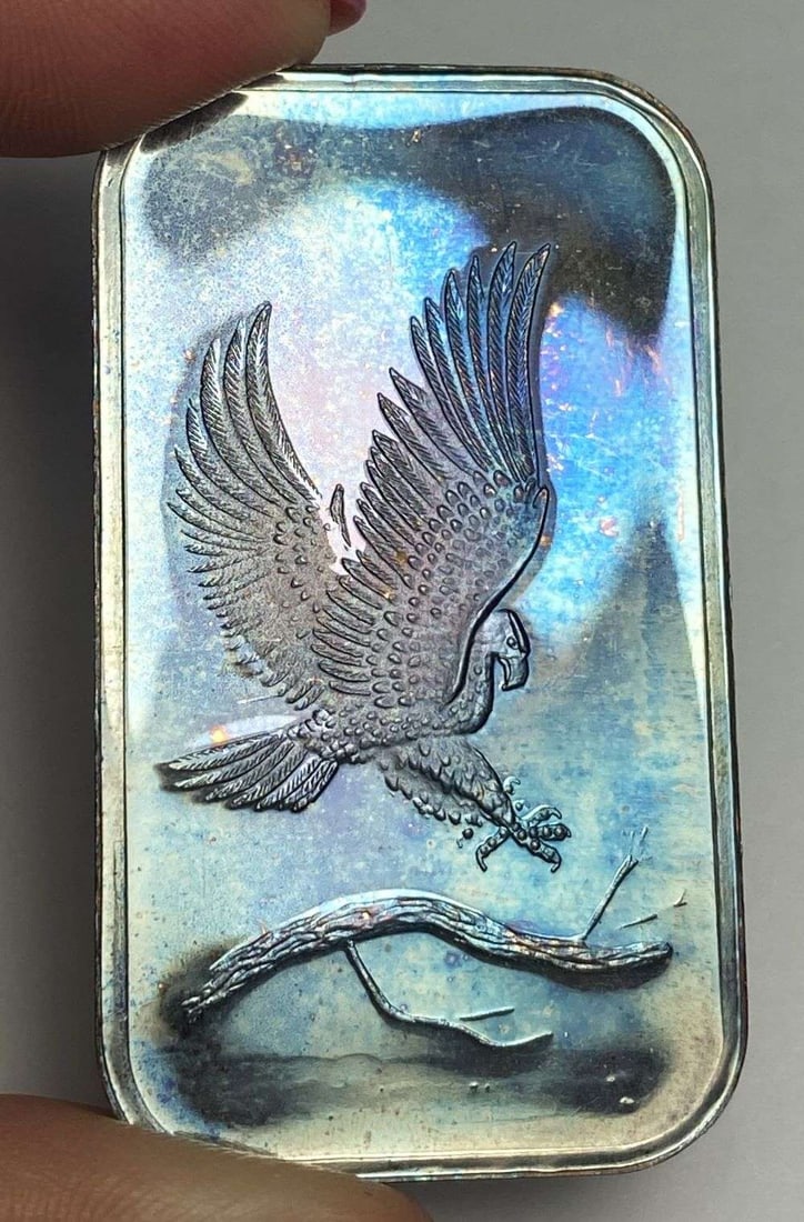 Rainbow Toned SilverTowne Eagle 1 ozt .999 Silver Bar: Winner shall receive the exact bar shown here. (RR)