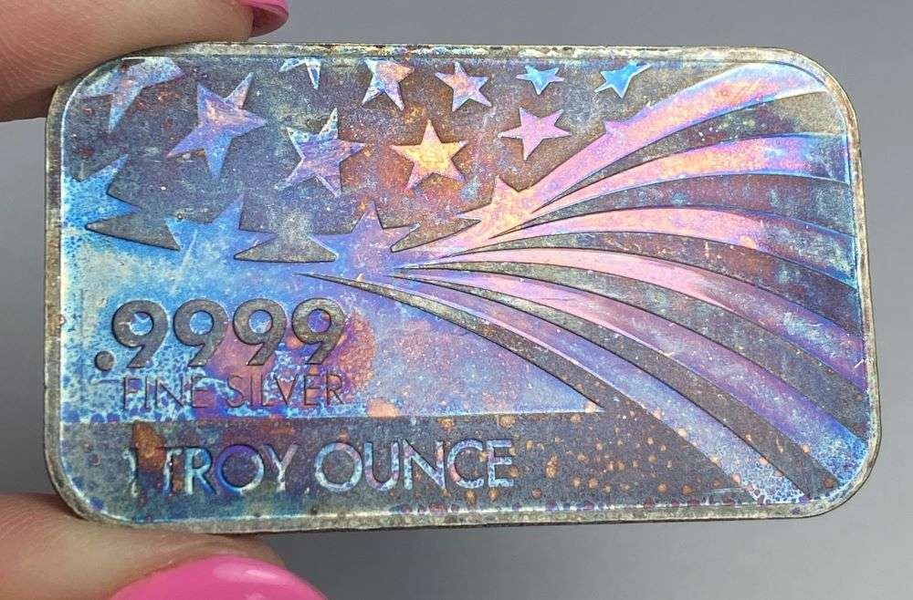 Rainbow Toned Apmex / RMC .9999 Silver 1 ozt Bar: Winner shall receive the exact bar shown here. (RR)