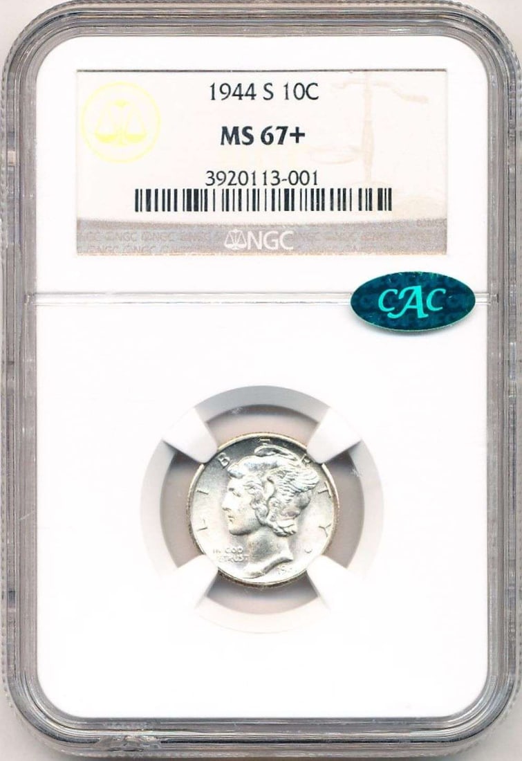 1944-S Mercury Silver Dime NGC MS67+ CAC: Winner shall receive the exact coin shown here. (JL)