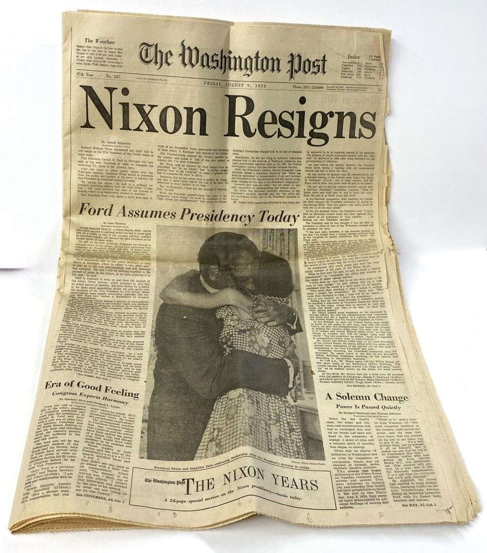 1974 The Washington Post "Nixon Resigns" Newspaper (1 of 8)
