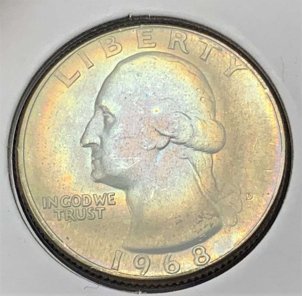 Absolutely Stunning! 1968 Rainbow Toned Washington Quarter: Winner shall receive the exact coin shown here. (BD/B)