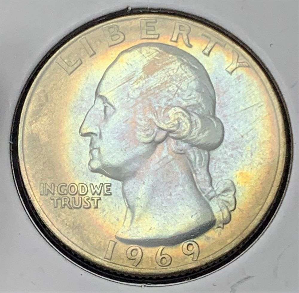 Absolutely Stunning! 1969 Rainbow Toned Washington Quarter: Winner shall receive the exact coin shown here. (BD/B)
