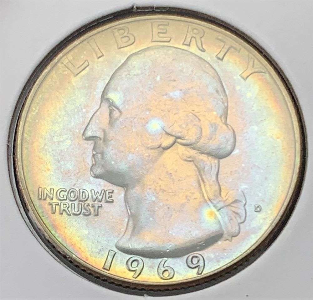 Absolutely Stunning! 1969-D Rainbow Toned Washington Quarter: Winner shall receive the exact coin shown here. (BD/B)