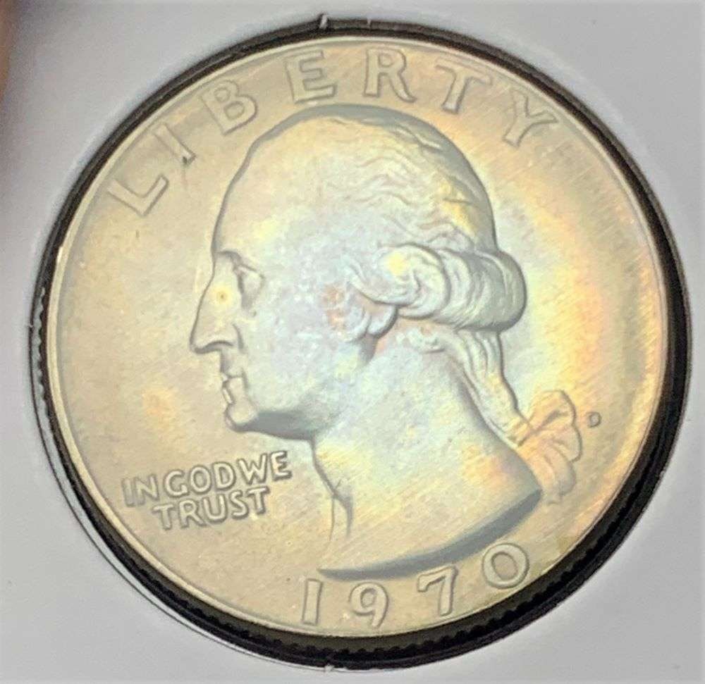 Absolutely Stunning! 1970-D Rainbow Toned Washington Quarter: Winner shall receive the exact coin shown here. (BD/B)