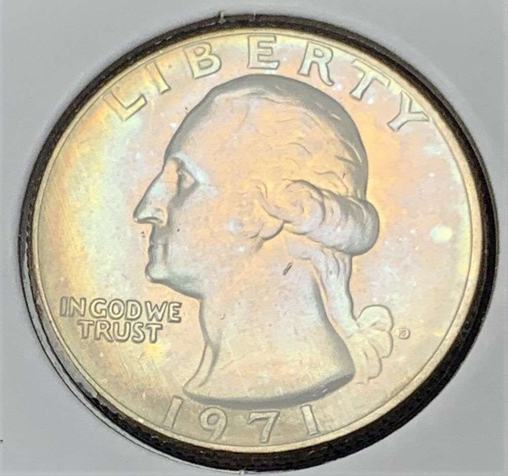 Absolutely Stunning! 1971-D Rainbow Toned Washington Quarter: Winner shall receive the exact coin shown here. (BD/B)