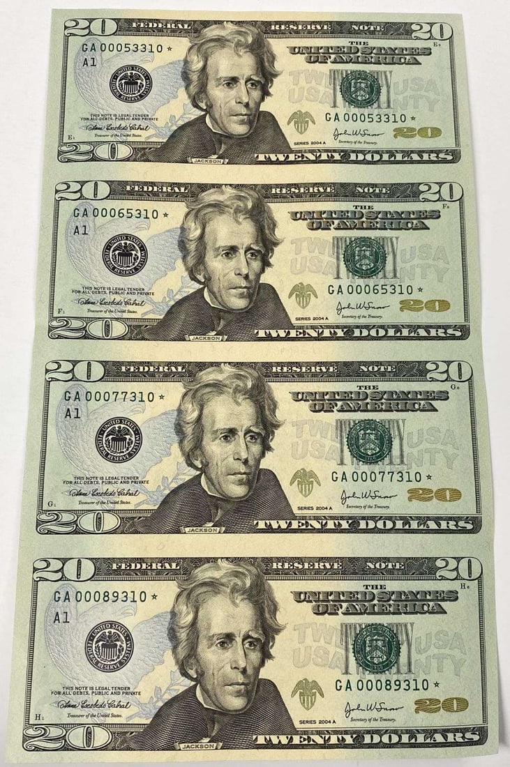 2004-A Uncut Low Serial / Star $20 Notes (4): Winner shall receive the exact note shown here. (RR/B)