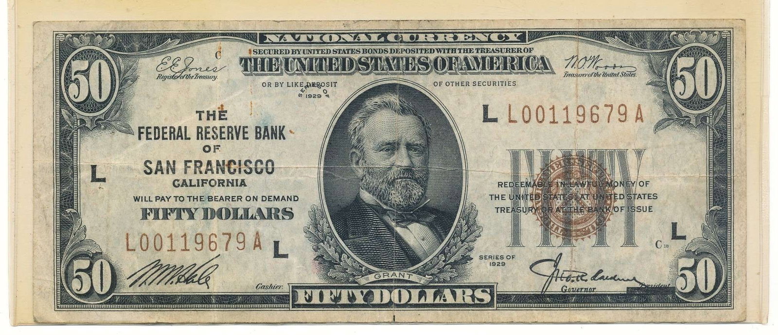 1929 The Federal Reserve Bank Of San Francisco California $50 Note: Winner shall receive the exact note shown here. (RR/B)
