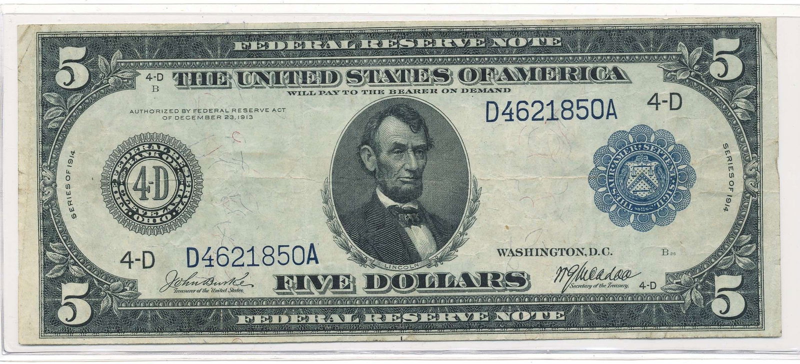 1913 United States $5 Federal Reserve Note (1 of 2)