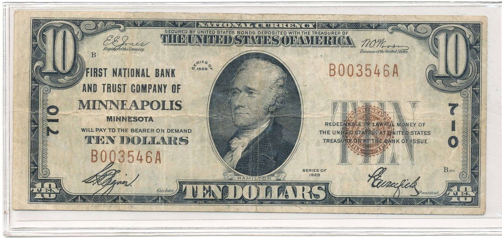 1929 First National Bank And Trust Company Of Minneapolis, Minnesota $10 Note: Winner shall receive the exact note shown here. (RR/B)