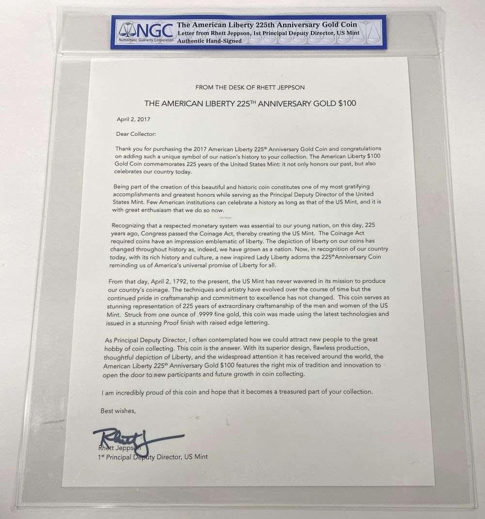 The American Liberty 225th Anniversary Gold Coin Letter From Rhett Jeppson Hand Signed NGC: Winner shall receive the exact item shown here.(CD)