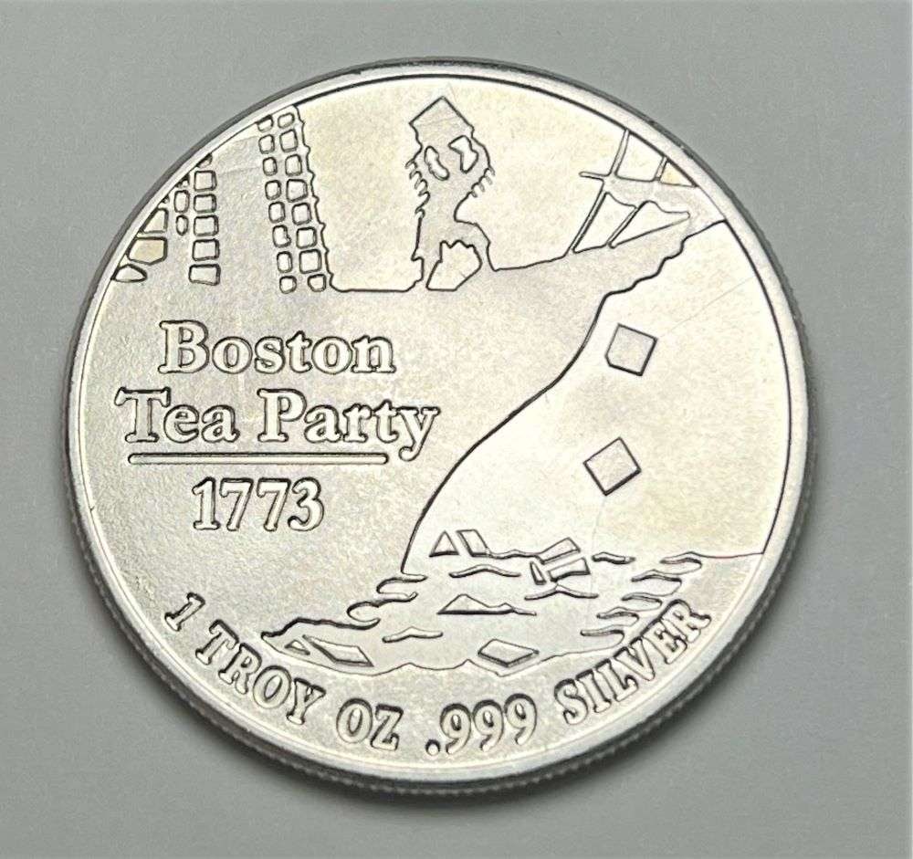 1773 Boston Tea Party Money Metals Exchange 1 ozt .999 Silver: Winner shall receive the exact coin shown here. (BD/B)