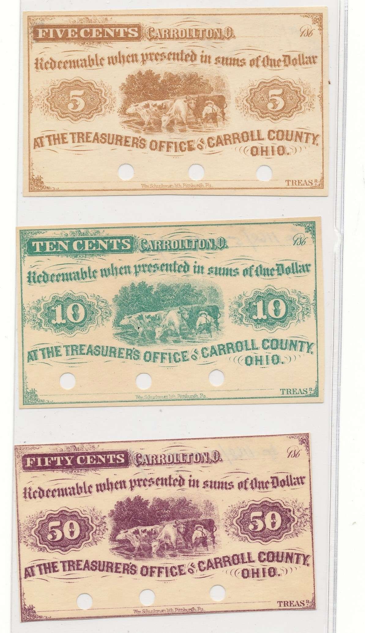 (3) Carrollton County, Ohio 5c/10c/50c Notes: Winner shall receive the exact (3) notes shown here. (RR)