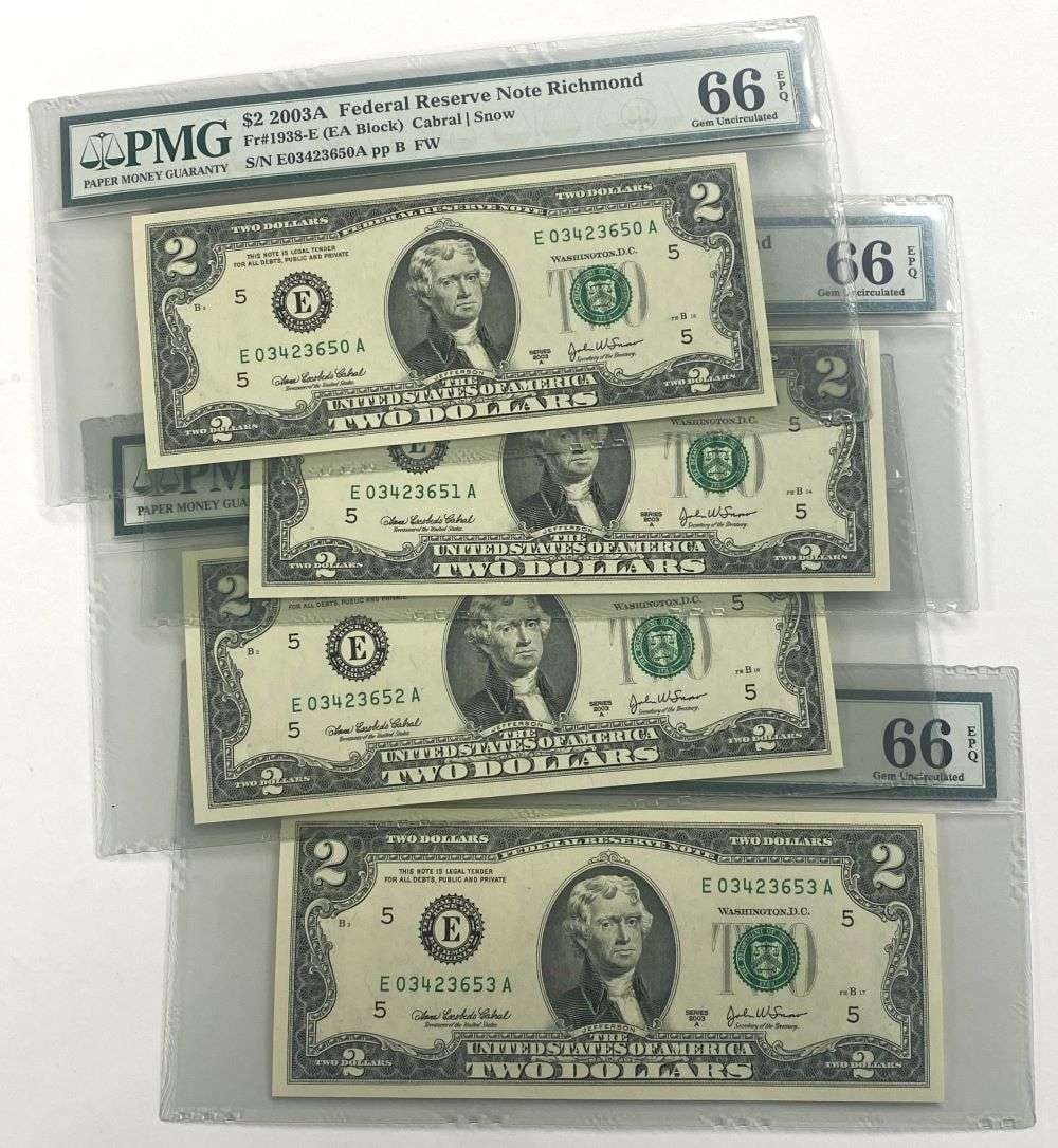 (4) 2003A Consecutive Richmond Federal Reserve $2 Notes PMG66 (1 of 6)