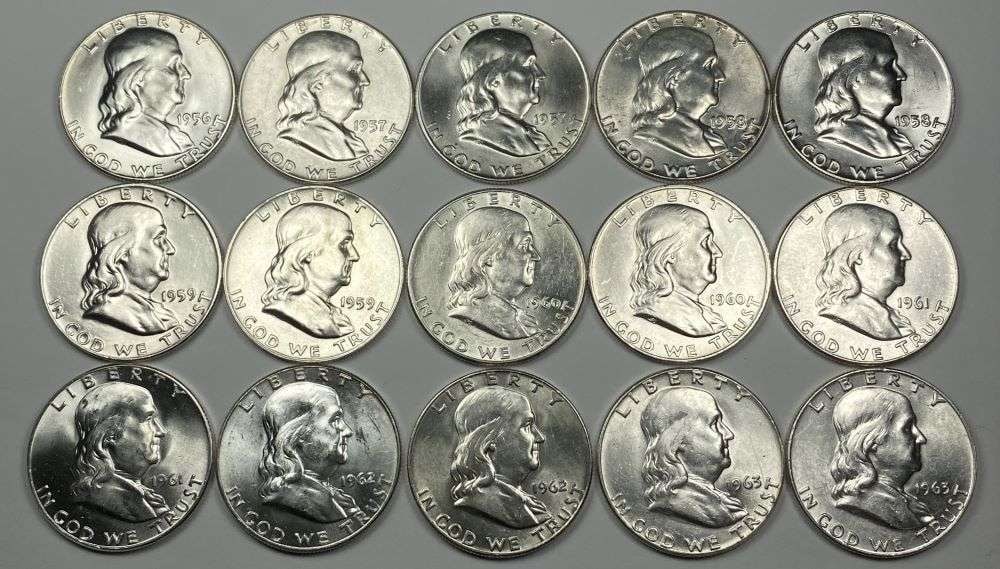 1956-1963-D Franklin Silver Half Dollar MS63-MS65 (15-coins): Winner shall receive the exact (15) coins shown here. (CD/B)