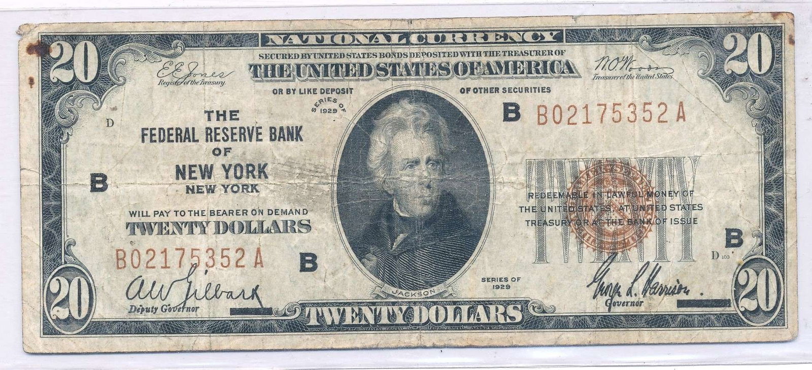 1929 The Federal Reserve Bank Of New York, New York $20 Note Fine: Winner shall receive the exact note shown here. (RR/B)