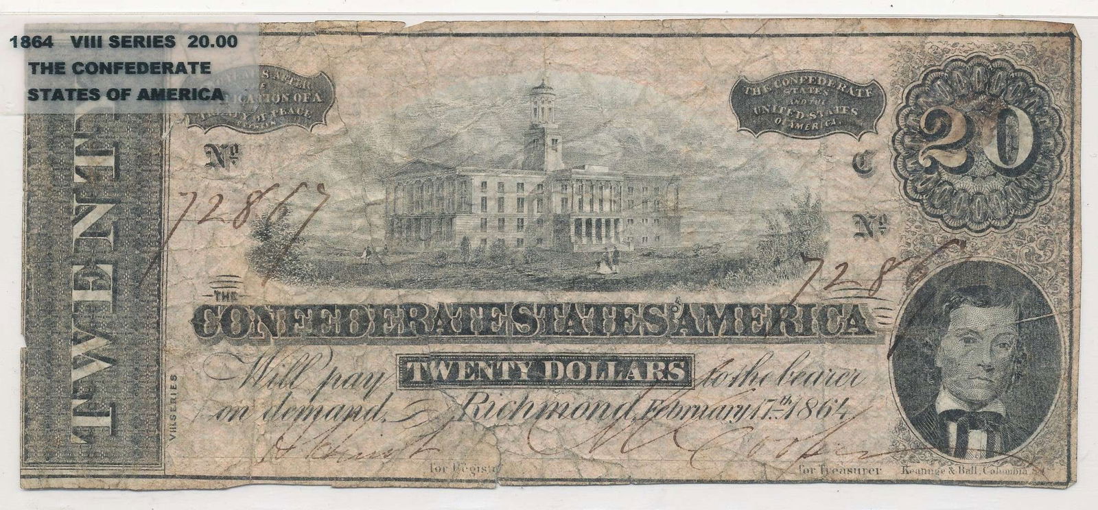 1864 The Confederate States Of America $20 Note Fine (1 of 2)