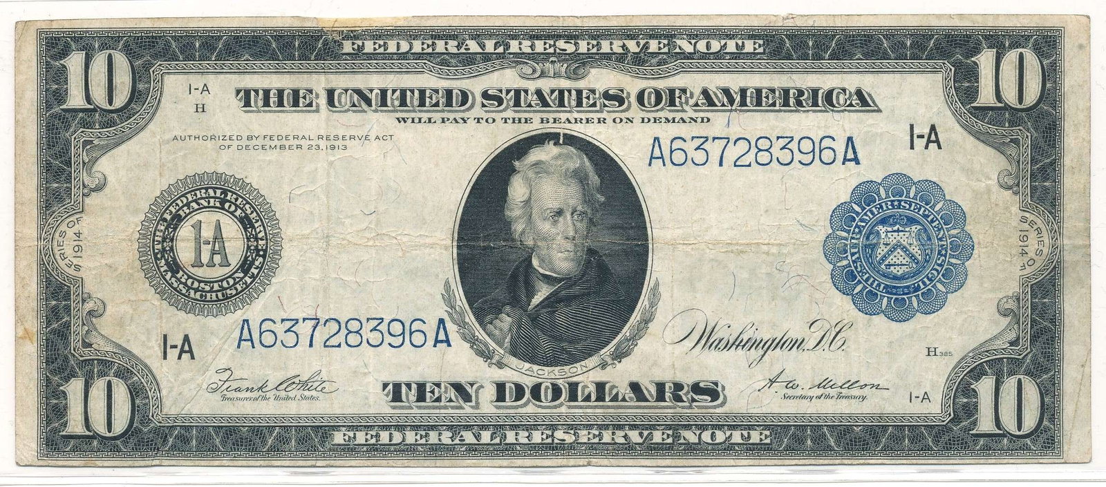 1913 The United States Of America $10 Federal Reserve Note Fine: Winner shall receive the exact note shown here. (RR/B)