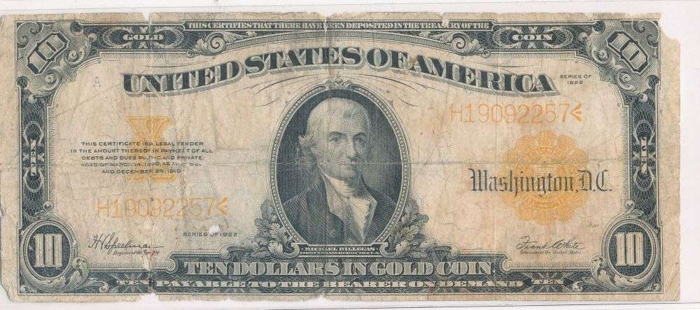 1922 United States $10 Gold Certificate VG (1 of 2)