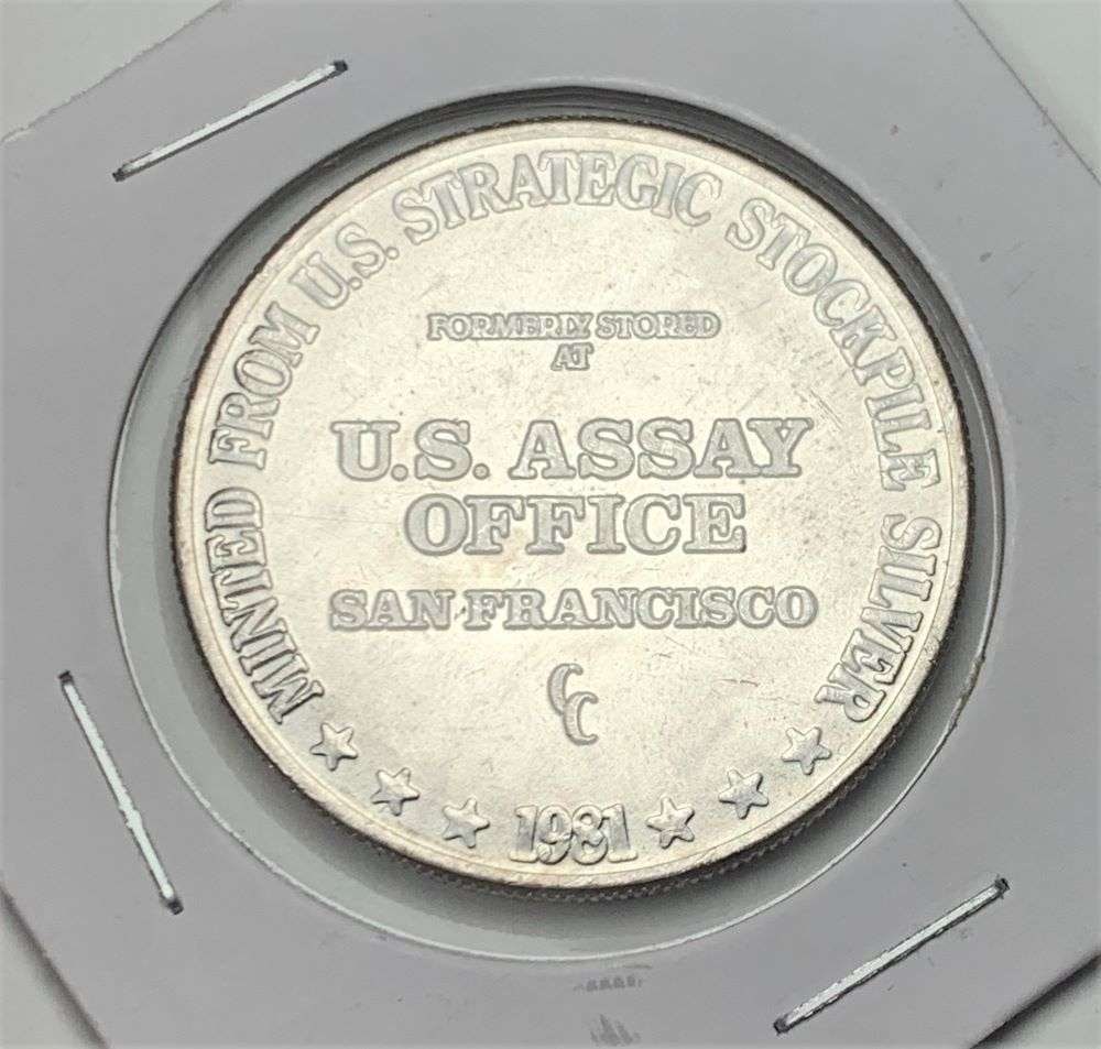 1981-CC U.S. Assay Office San Fransisco 1 ozt .999 Silver Trade Unit: Winner shall receive the exact coin shown here. (BD/B)