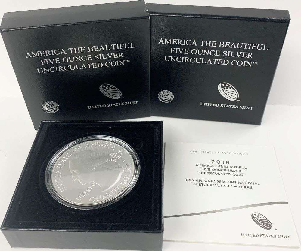 2019-P ATB Texas "San Antonio Missions" 5 ozt Silver: Winner shall receive the exact coin shown here. (HN/LOB)
